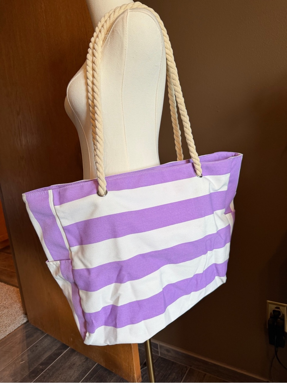 Lavender & Cream Striped Rope-Handle Tote - Picture 5 of 5